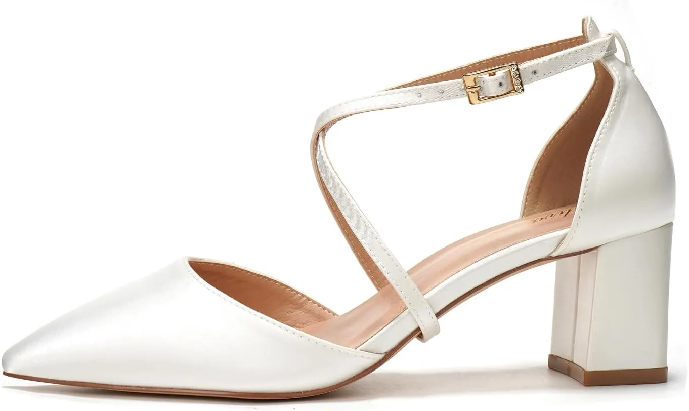Elivandon J1586 Women's Satin Pointed Toe Mid-Heel Evening Sandals 2.36 inches Block Heel Bridal Party Wedding Pumps with Long Strap