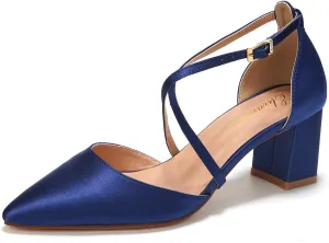 Elivandon J1586 Women's Satin Pointed Toe Mid-Heel Evening Sandals 2.36 inches Block Heel Bridal Party Wedding Pumps with Long Strap