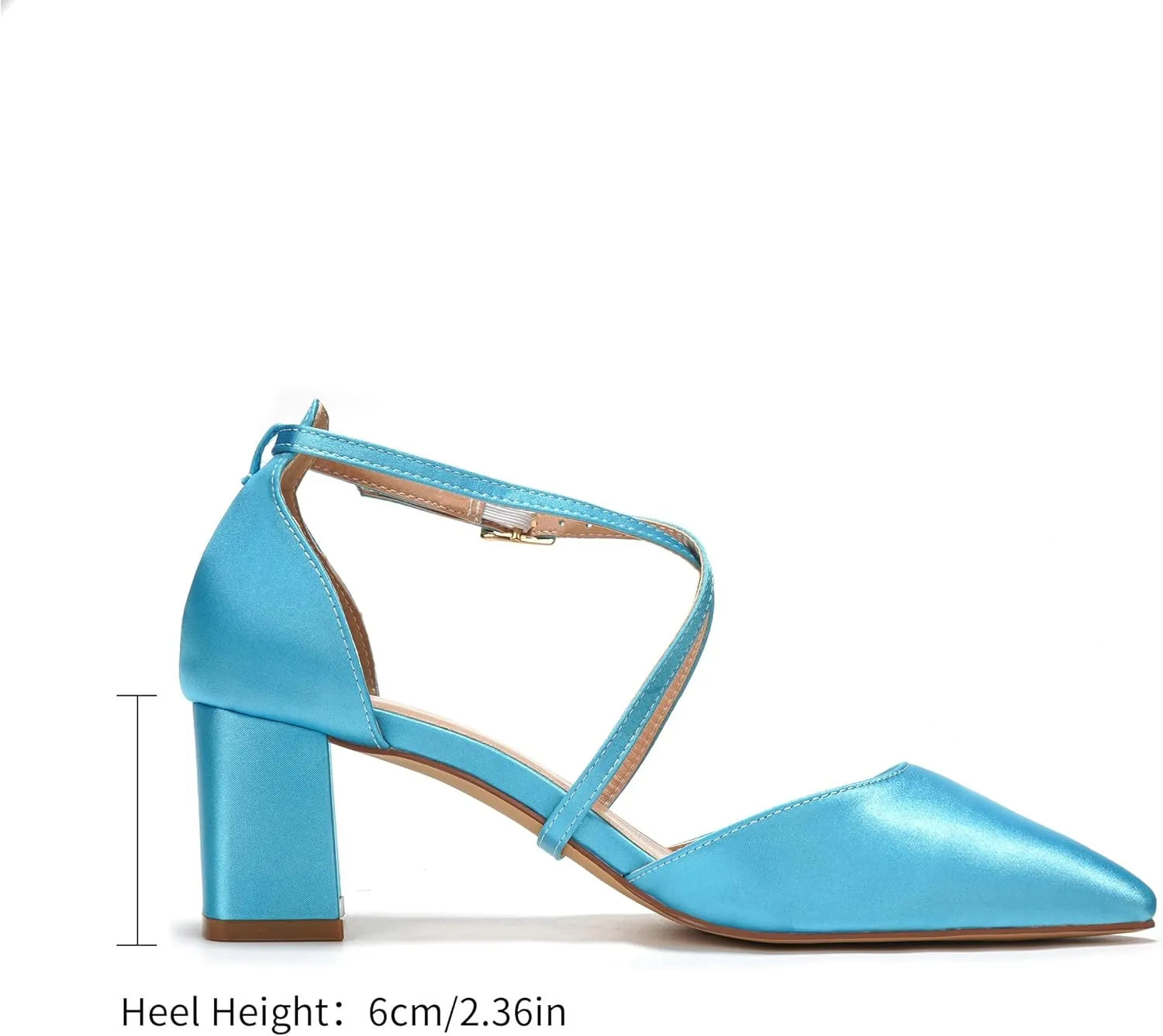 Elivandon J1586 Women's Satin Pointed Toe Mid-Heel Evening Sandals 2.36 inches Block Heel Bridal Party Wedding Pumps with Long Strap