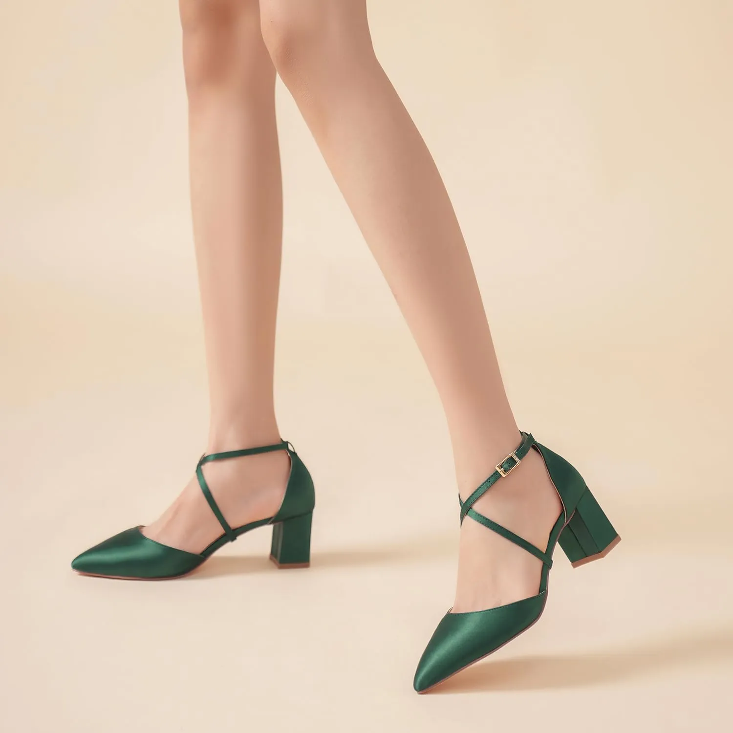 Elivandon J1586 Women's Satin Pointed Toe Mid-Heel Evening Sandals 2.36 inches Block Heel Bridal Party Wedding Pumps with Long Strap