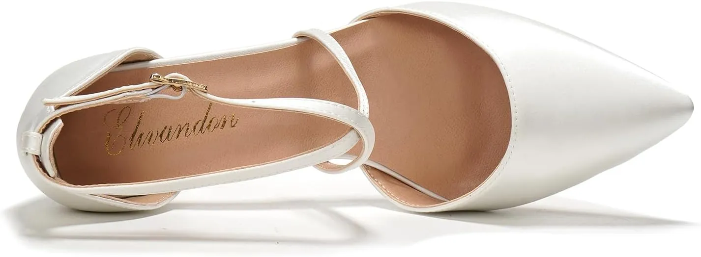 Elivandon J1586 Women's Satin Pointed Toe Mid-Heel Evening Sandals 2.36 inches Block Heel Bridal Party Wedding Pumps with Long Strap