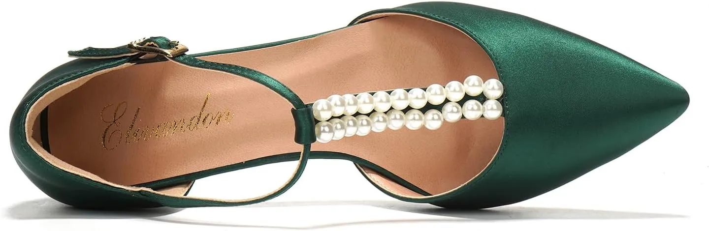 Elivandon J1587 Women's Satin Pointed Toe Mid-Heel Evening Sandals 2.36 inches Block Heel Bridal Party Wedding Pumps with Double Pearl T-Strap