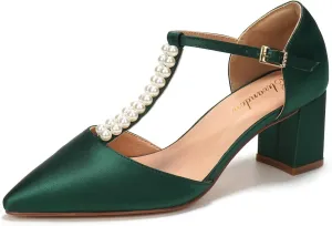 Elivandon J1587 Women's Satin Pointed Toe Mid-Heel Evening Sandals 2.36 inches Block Heel Bridal Party Wedding Pumps with Double Pearl T-Strap