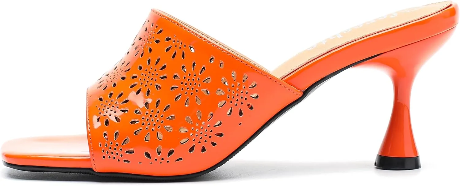 fereshte Womens Hollow Out Flower Sandals Slip On Sandals Square Toe Kitten Heeled Mules