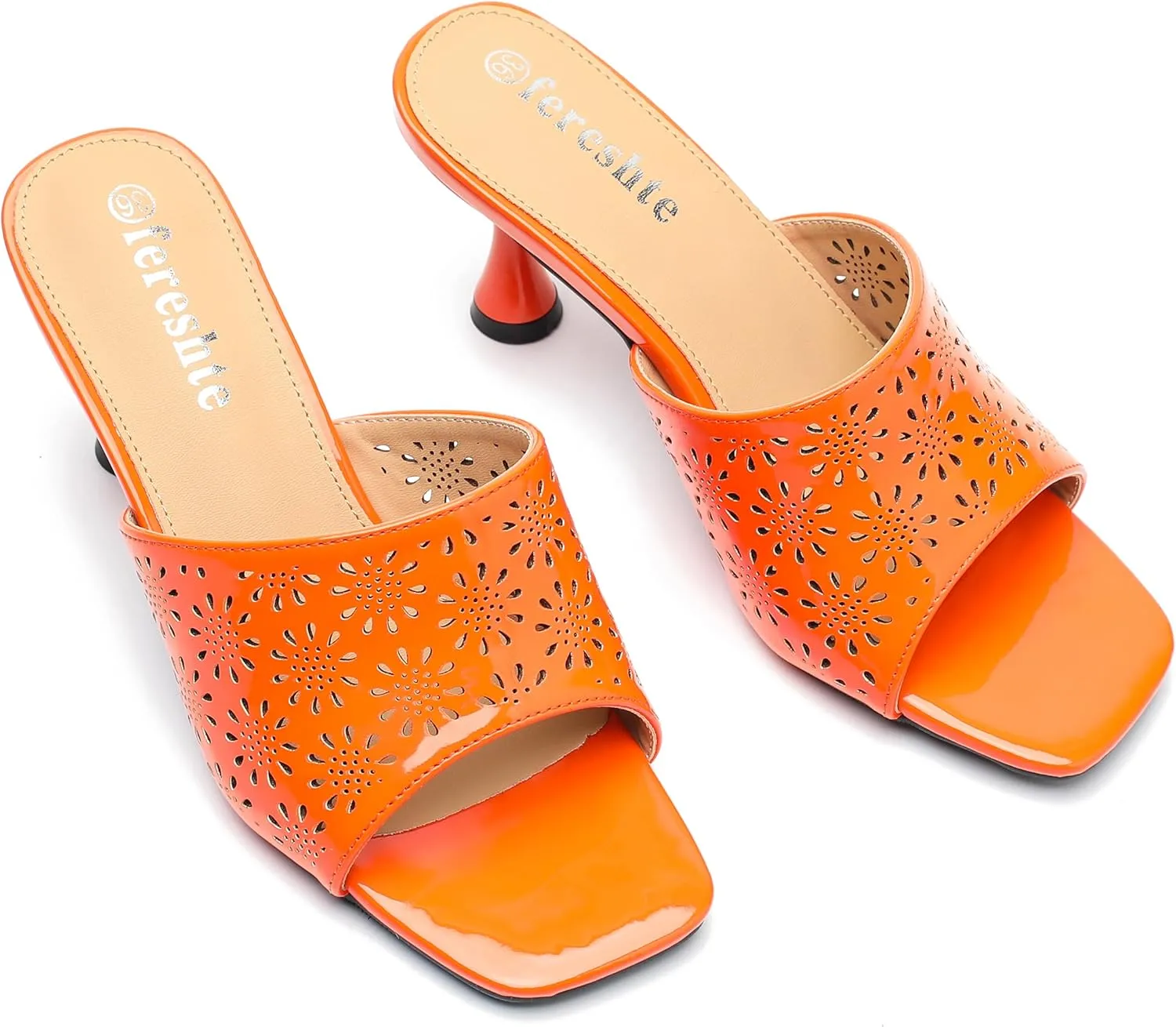 fereshte Womens Hollow Out Flower Sandals Slip On Sandals Square Toe Kitten Heeled Mules