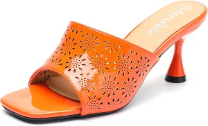fereshte Womens Hollow Out Flower Sandals Slip On Sandals Square Toe Kitten Heeled Mules