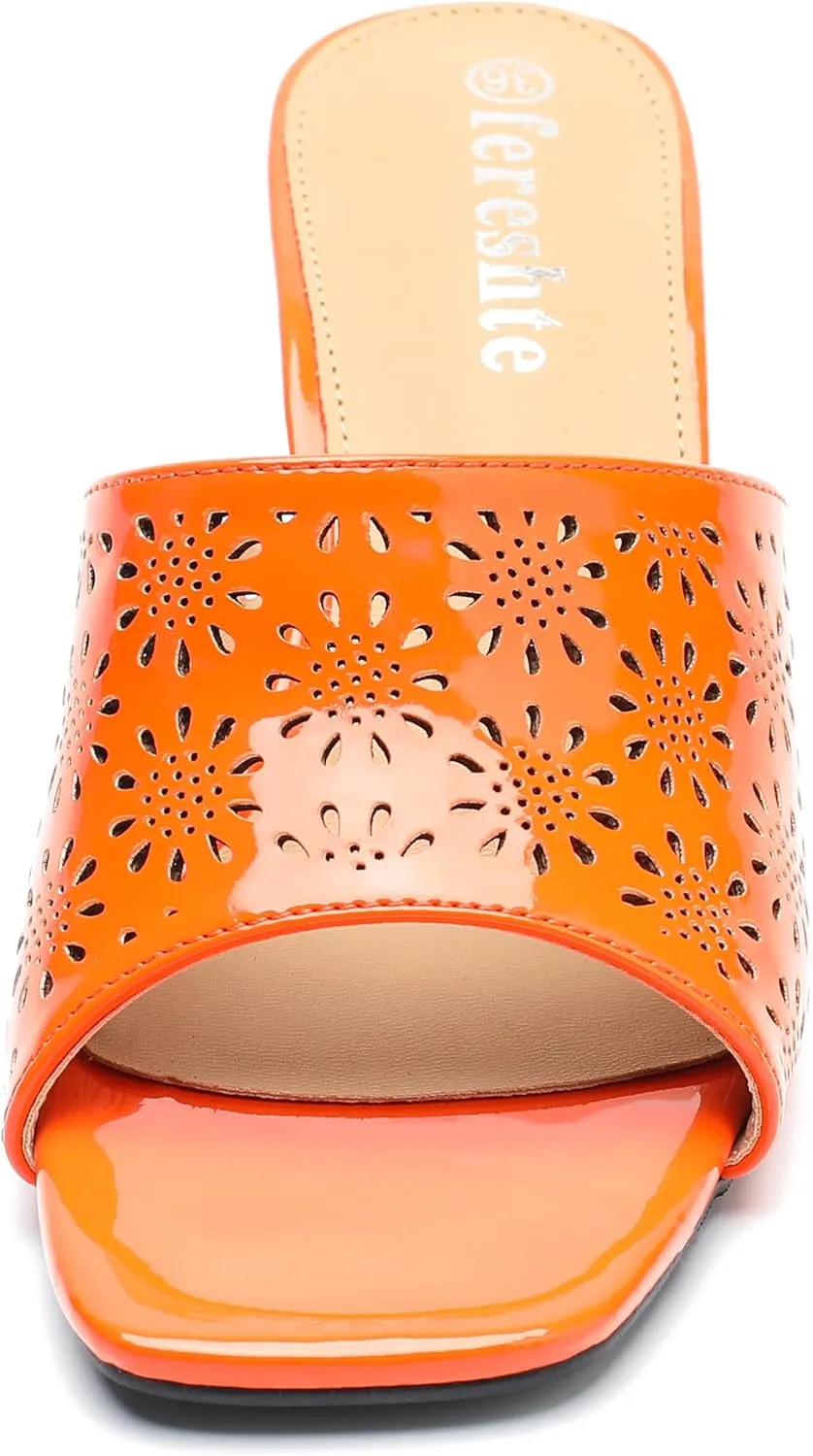 fereshte Womens Hollow Out Flower Sandals Slip On Sandals Square Toe Kitten Heeled Mules