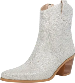 FIFSY Women Rhinestone Cowboy Boots Glitter Chunky Heel Sparkly Cowgirl Ankle Boots…