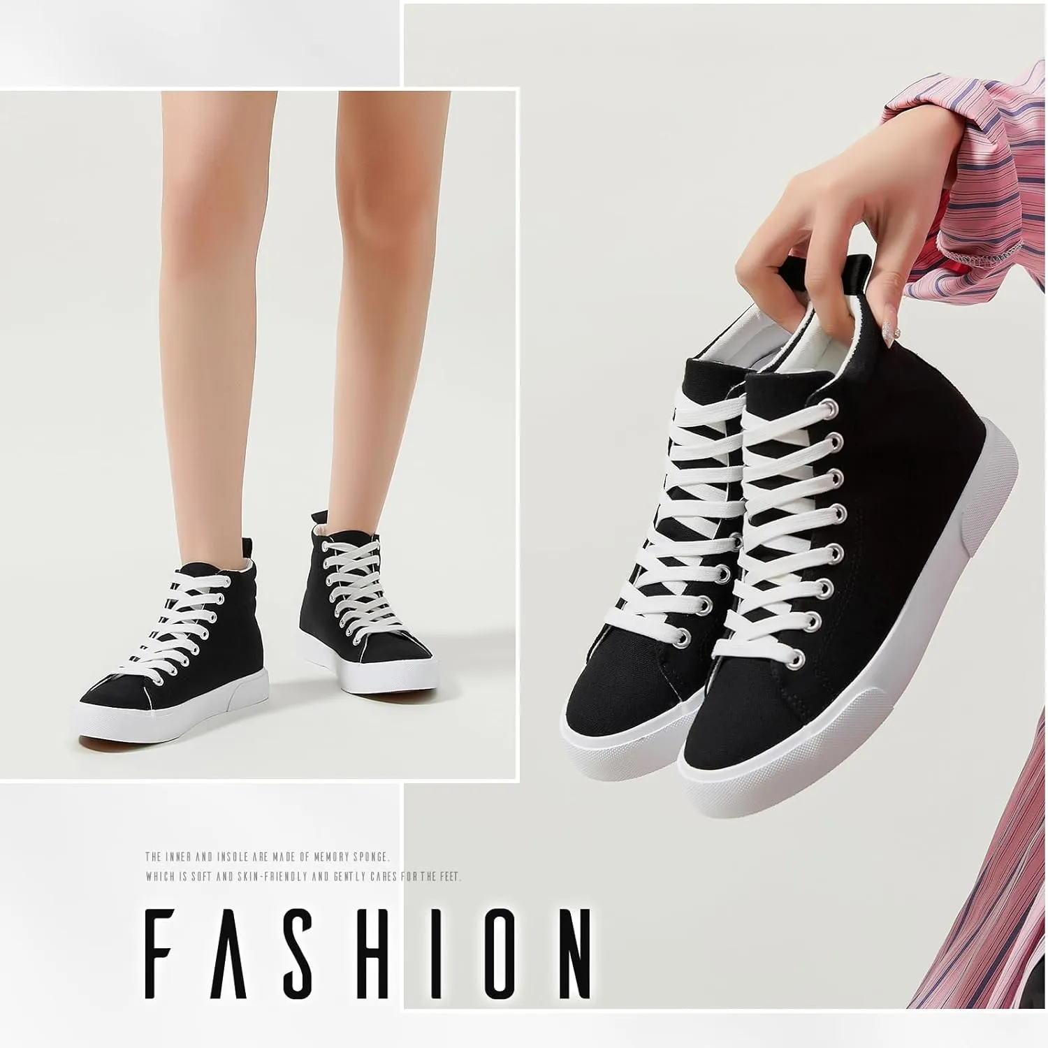 FINIWOR Womens High top Sneakers Canvas Shoes Lace up Black Sneakers Casual Shoes for Women