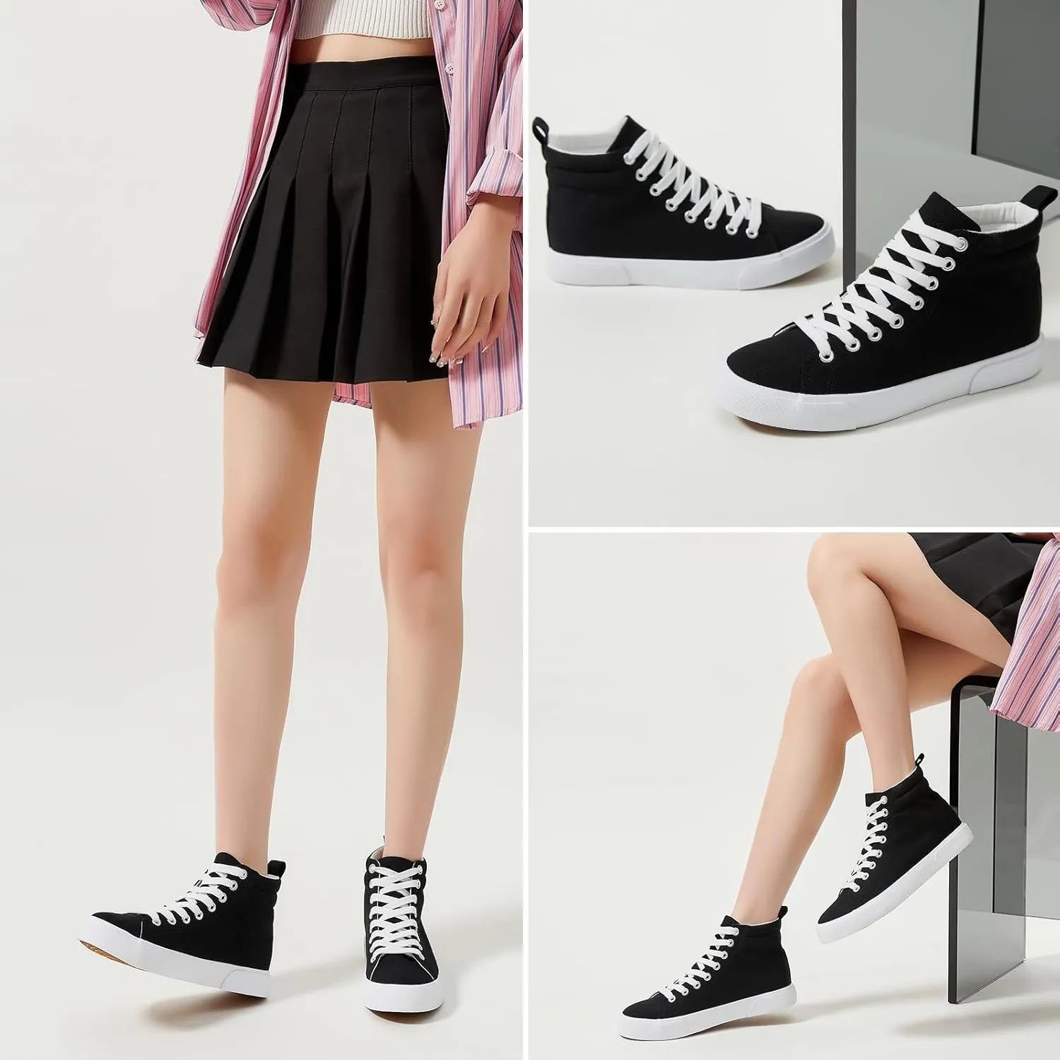 FINIWOR Womens High top Sneakers Canvas Shoes Lace up Black Sneakers Casual Shoes for Women