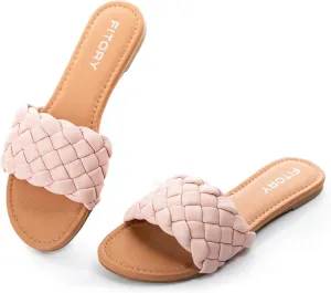 FITORY Womens Flat Sandals Fashion Round Open Toe Slip On Slides with Braided Strap Slippers for Summer Size 6-11