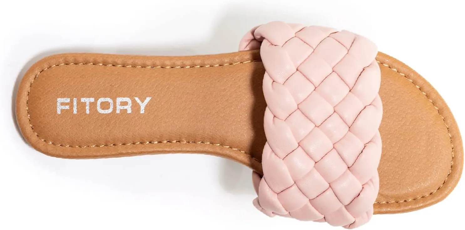 FITORY Womens Flat Sandals Fashion Round Open Toe Slip On Slides with Braided Strap Slippers for Summer Size 6-11