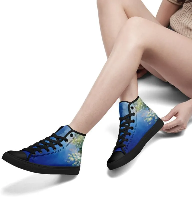 Flower Art High Top Canvas Sneakers Lace Up Classic Casual Walking Shoes Fashion Ladies Girls Flat Running Trainers