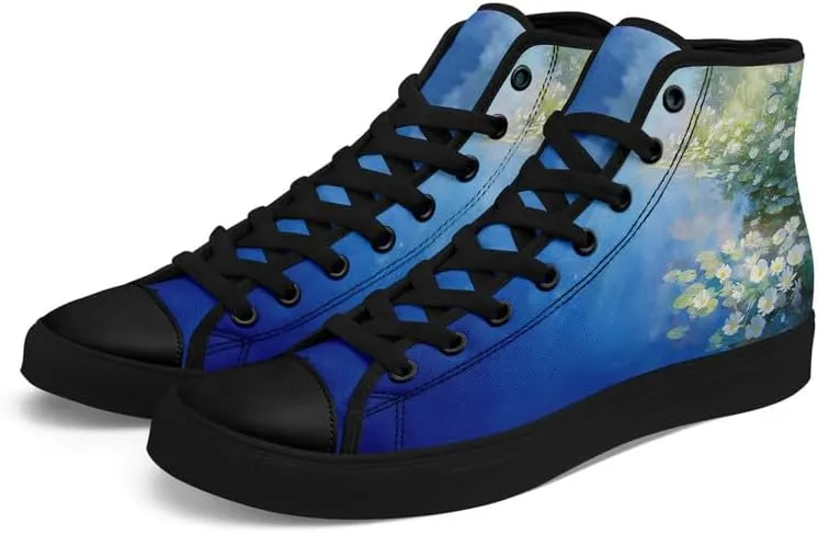 Flower Art High Top Canvas Sneakers Lace Up Classic Casual Walking Shoes Fashion Ladies Girls Flat Running Trainers