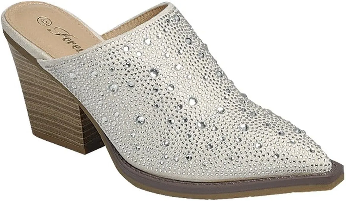 Forever Women Pointed Toe Rhinestone Slip on Mules Chunky Heel Sandals