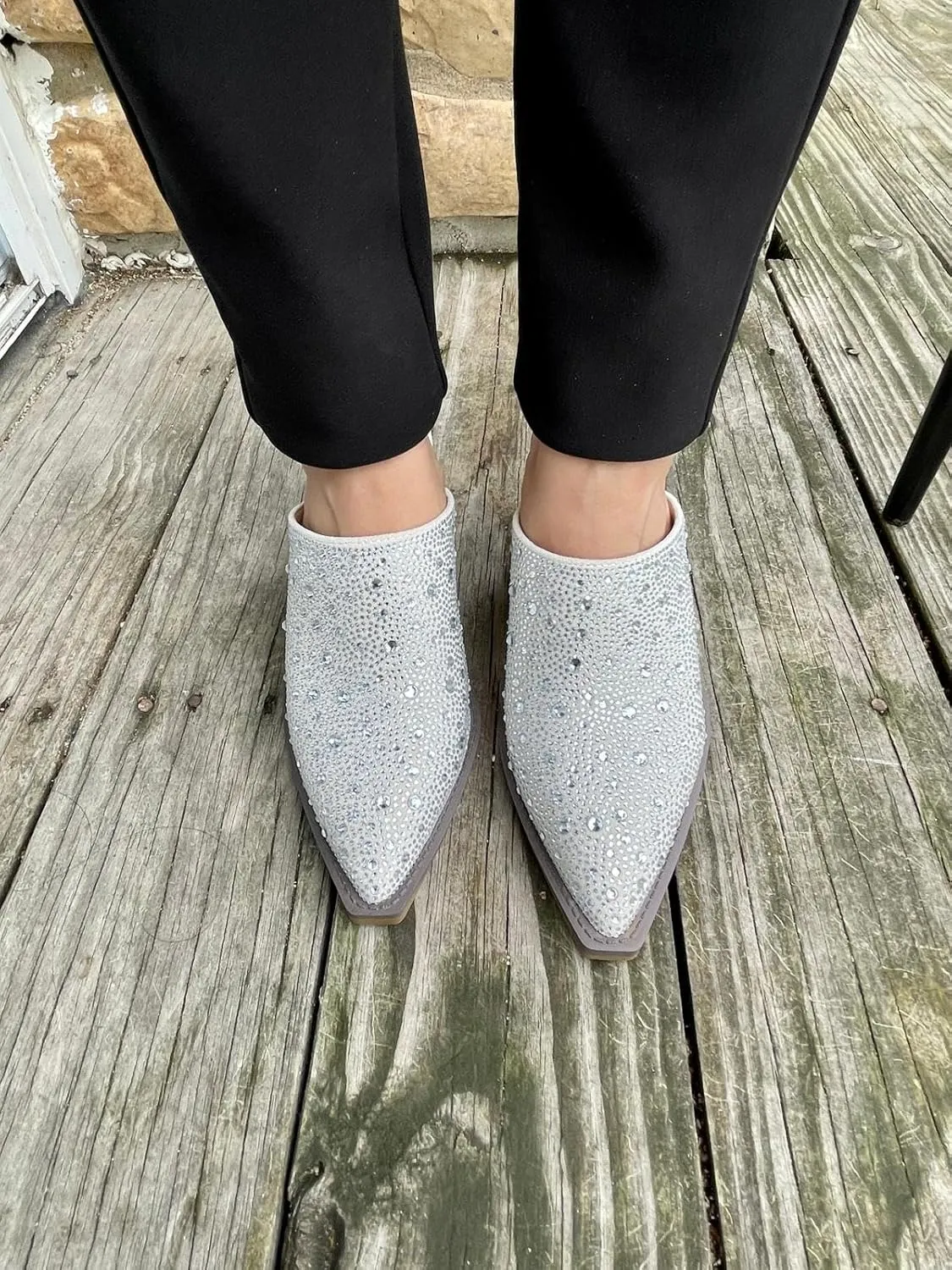 Forever Women Pointed Toe Rhinestone Slip on Mules Chunky Heel Sandals