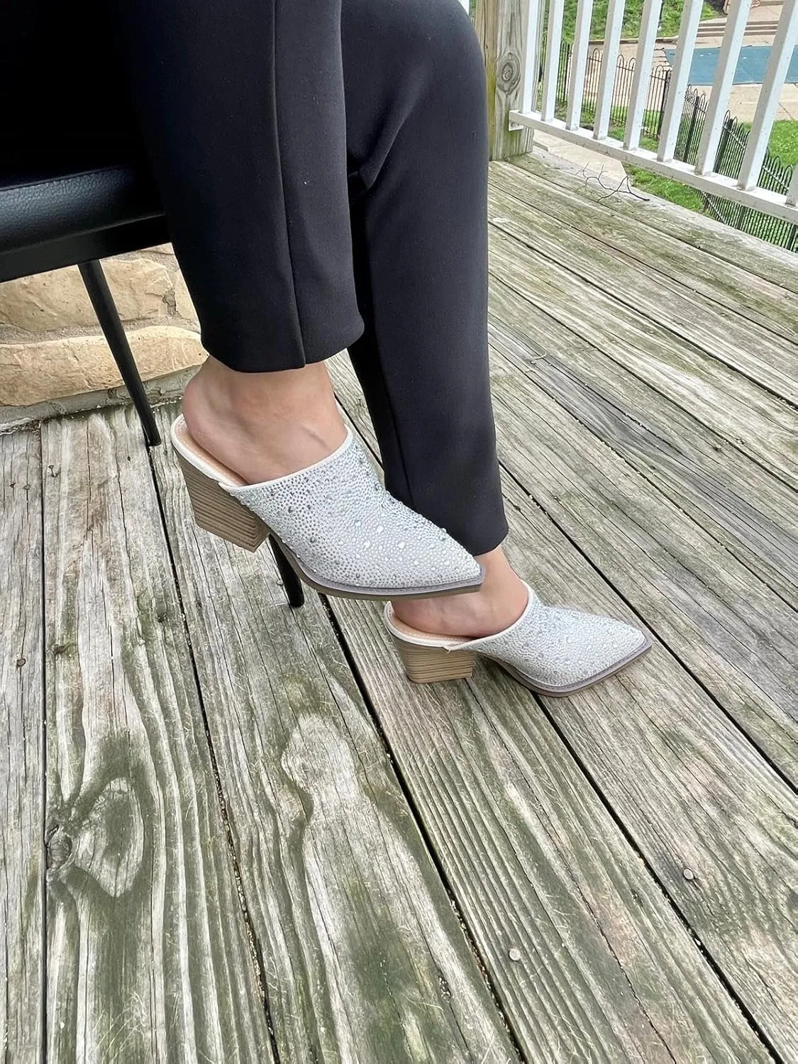 Forever Women Pointed Toe Rhinestone Slip on Mules Chunky Heel Sandals