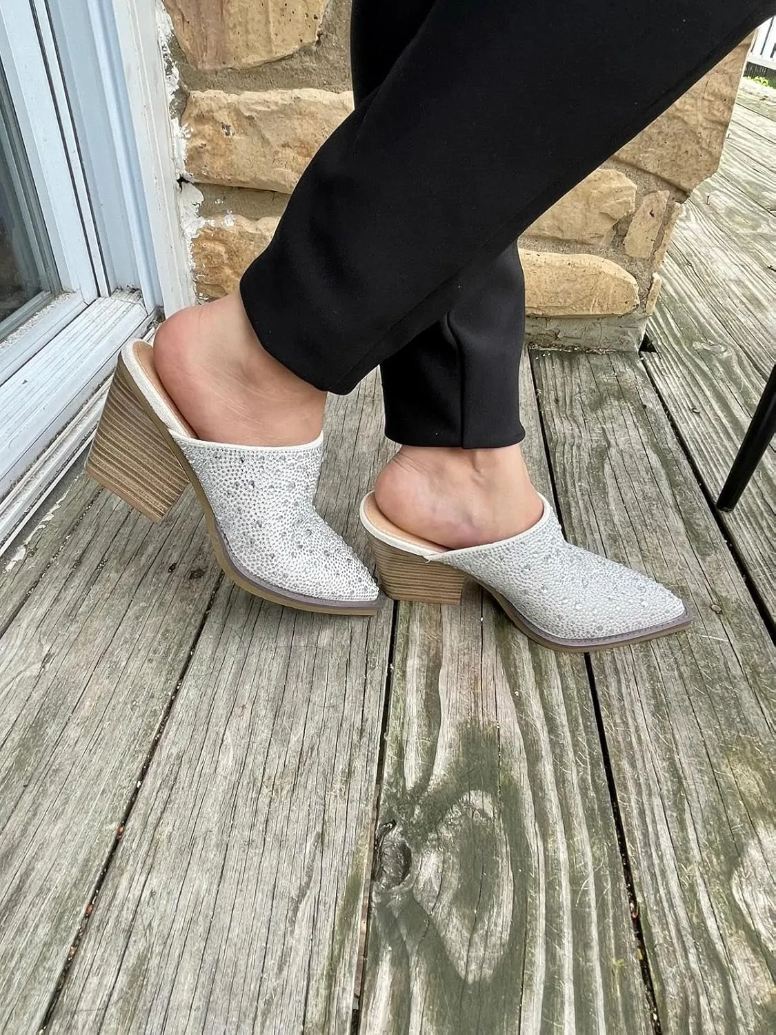 Forever Women Pointed Toe Rhinestone Slip on Mules Chunky Heel Sandals