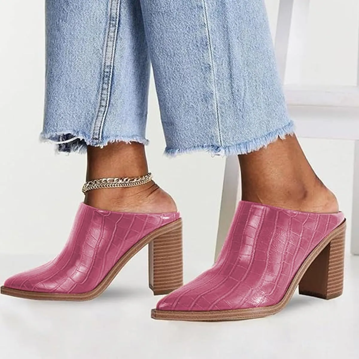 FOWT Women Pointed Toe Slip On Mules Stacked Block High Heel Sandal Comfortable Daily Party Nightclub Proms Shoes Size 4-16 US
