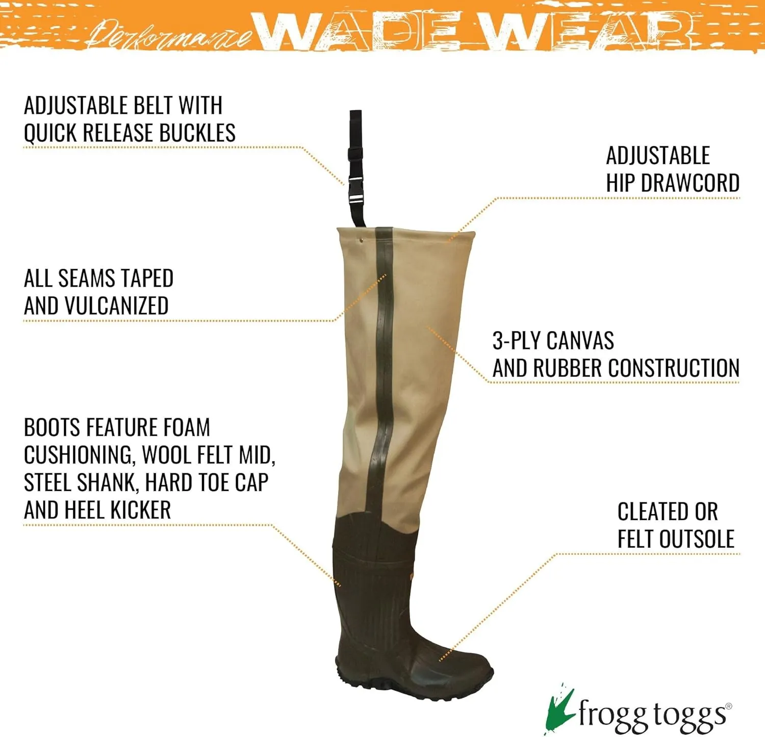 FROGG TOGGS Bull Frogg 3-ply PVC Canvas Waterproof Fishing Bootfoot Hip Wader for Fishing, Cleated or Felt