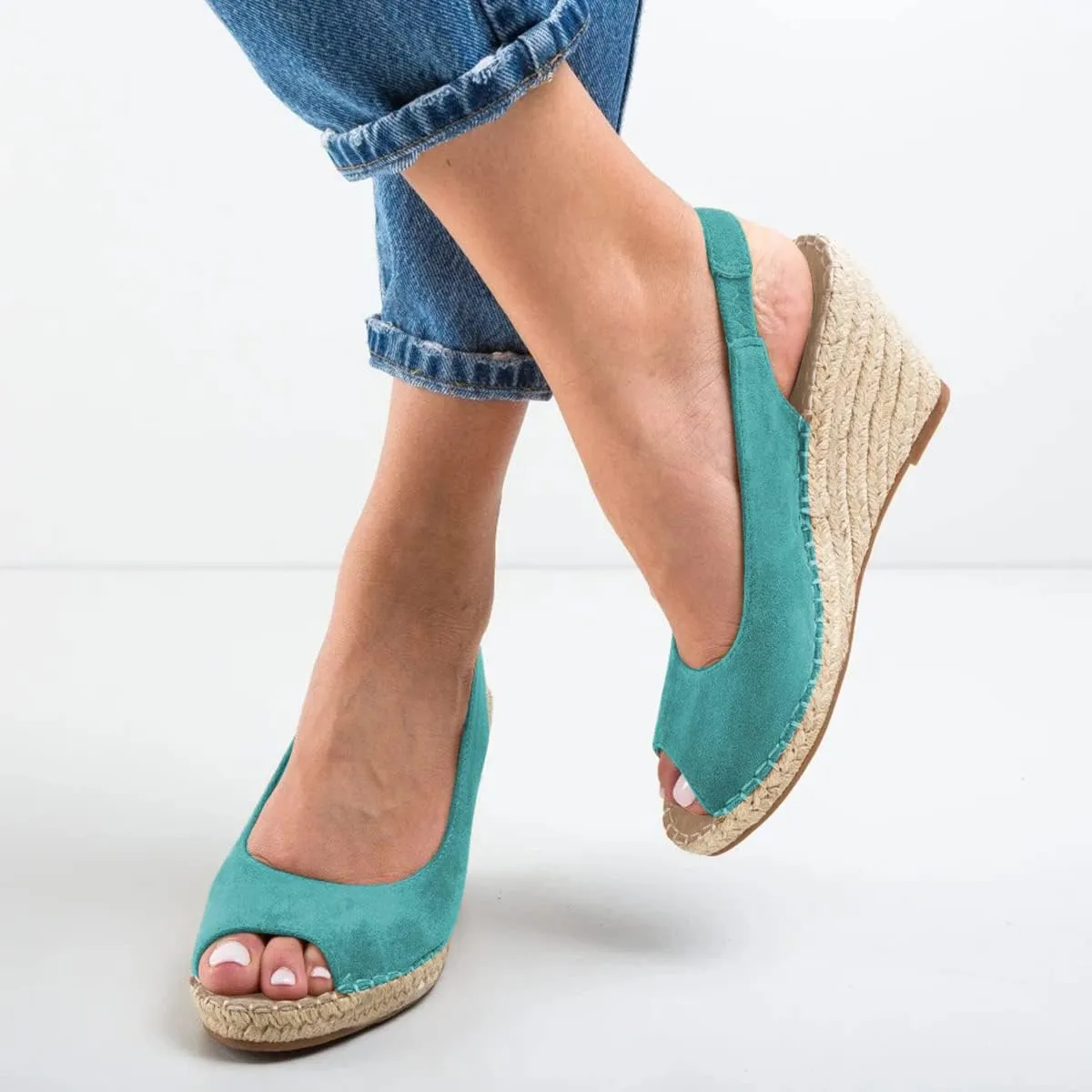 FSJ Women Chic Peep Toe Espadrilles Wedge High Heel Sandals Elastic Back Strap Slip On Casual Walking Daily Shoes Size 4-15 US