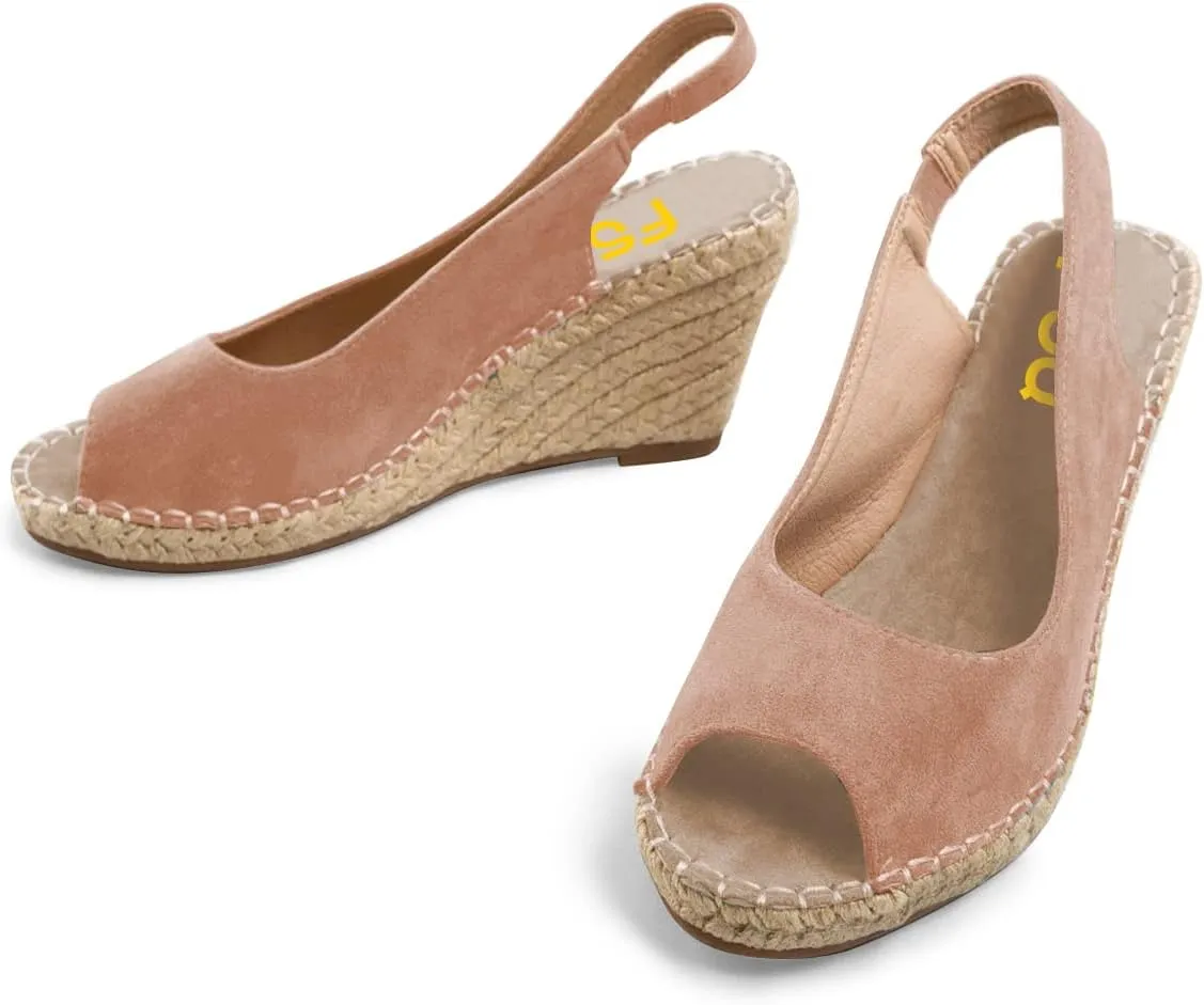 FSJ Women Chic Peep Toe Espadrilles Wedge High Heel Sandals Elastic Back Strap Slip On Casual Walking Daily Shoes Size 4-15 US