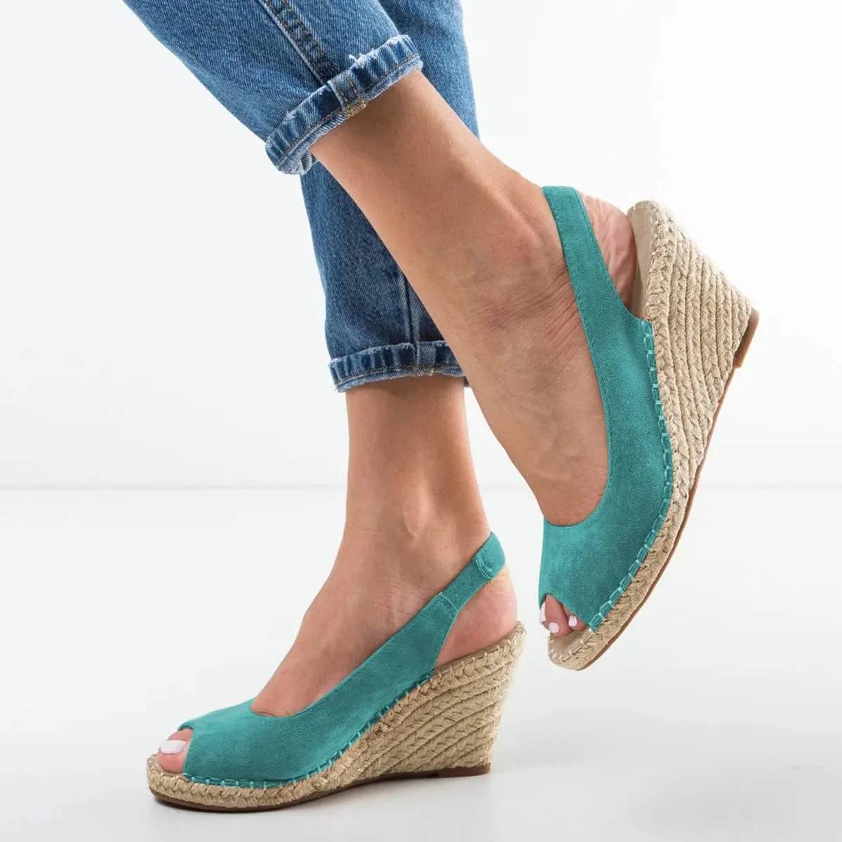 FSJ Women Chic Peep Toe Espadrilles Wedge High Heel Sandals Elastic Back Strap Slip On Casual Walking Daily Shoes Size 4-15 US