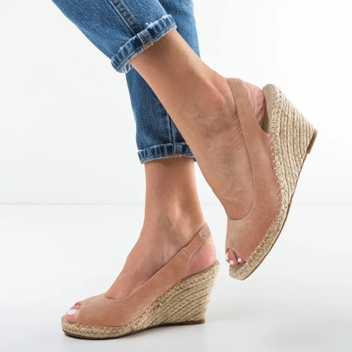 FSJ Women Chic Peep Toe Espadrilles Wedge High Heel Sandals Elastic Back Strap Slip On Casual Walking Daily Shoes Size 4-15 US