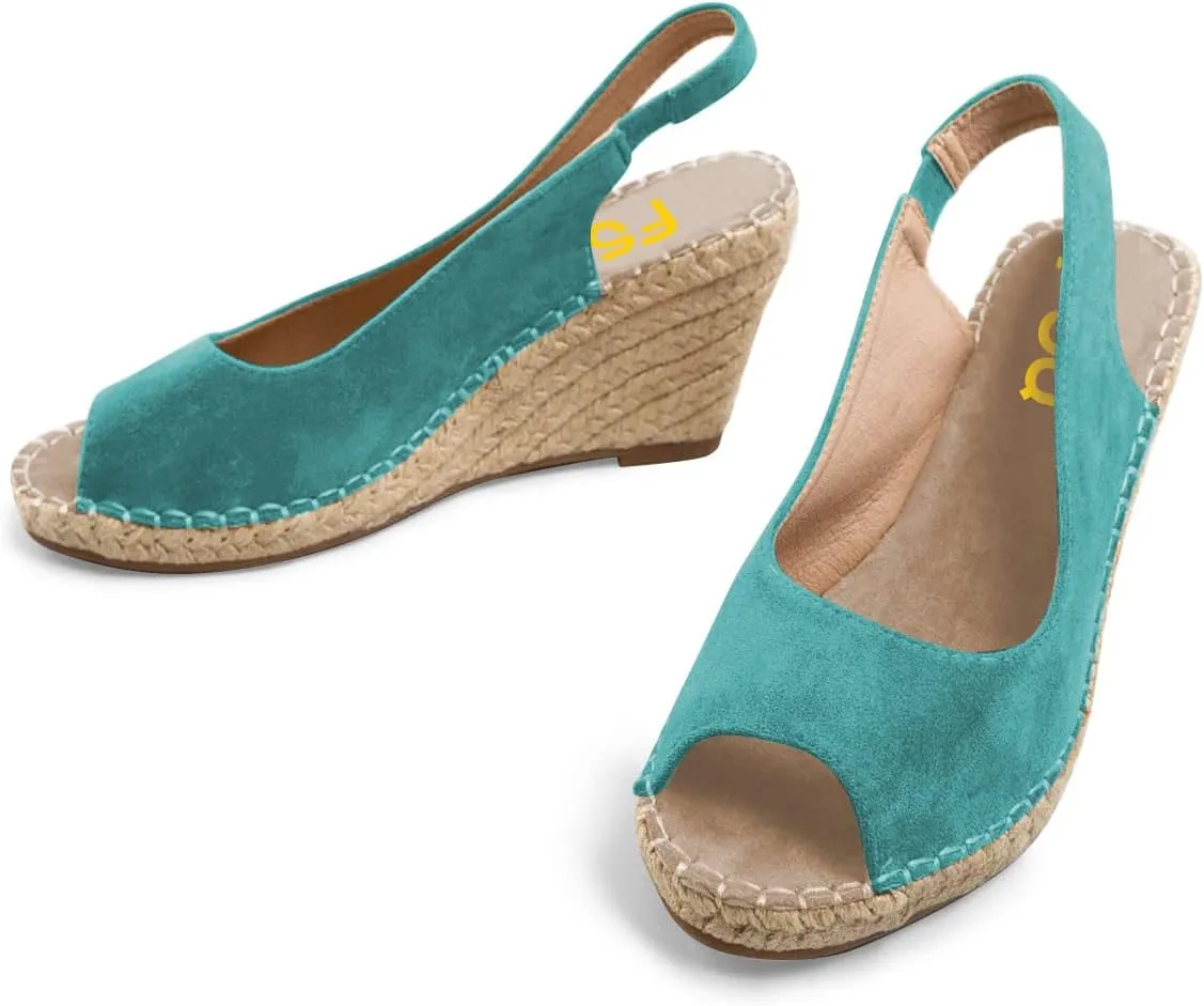 FSJ Women Chic Peep Toe Espadrilles Wedge High Heel Sandals Elastic Back Strap Slip On Casual Walking Daily Shoes Size 4-15 US