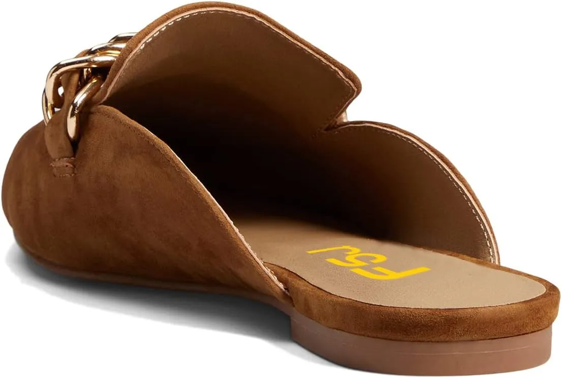 FSJ Women Fashion Closed Pointed Toe Chain Flat Mules Comfy Slip On Casual Backless Loafers Slides Shoes Size 4-15 US