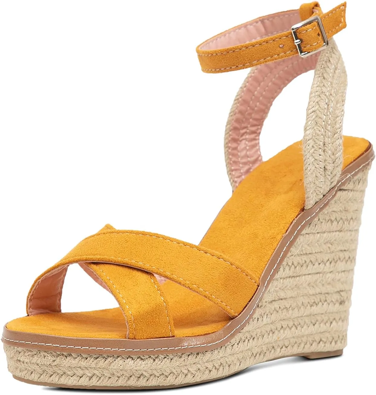 GATUXUS Women's Raffia Espadrilles Wedge Sandals Open Toe Platform Buckled Ankle Strap High Heels Dress Shoes