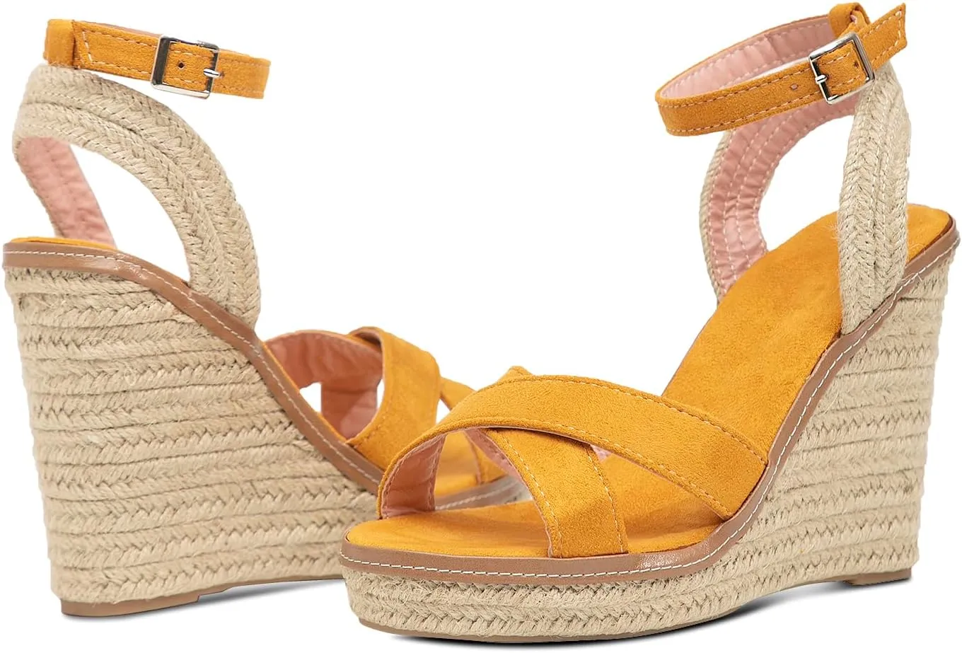 GATUXUS Women's Raffia Espadrilles Wedge Sandals Open Toe Platform Buckled Ankle Strap High Heels Dress Shoes