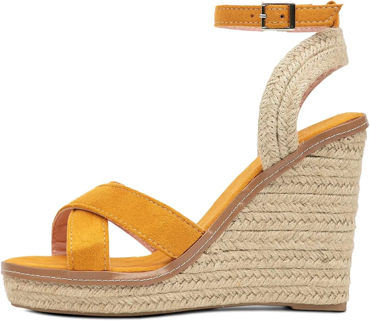 GATUXUS Women's Raffia Espadrilles Wedge Sandals Open Toe Platform Buckled Ankle Strap High Heels Dress Shoes