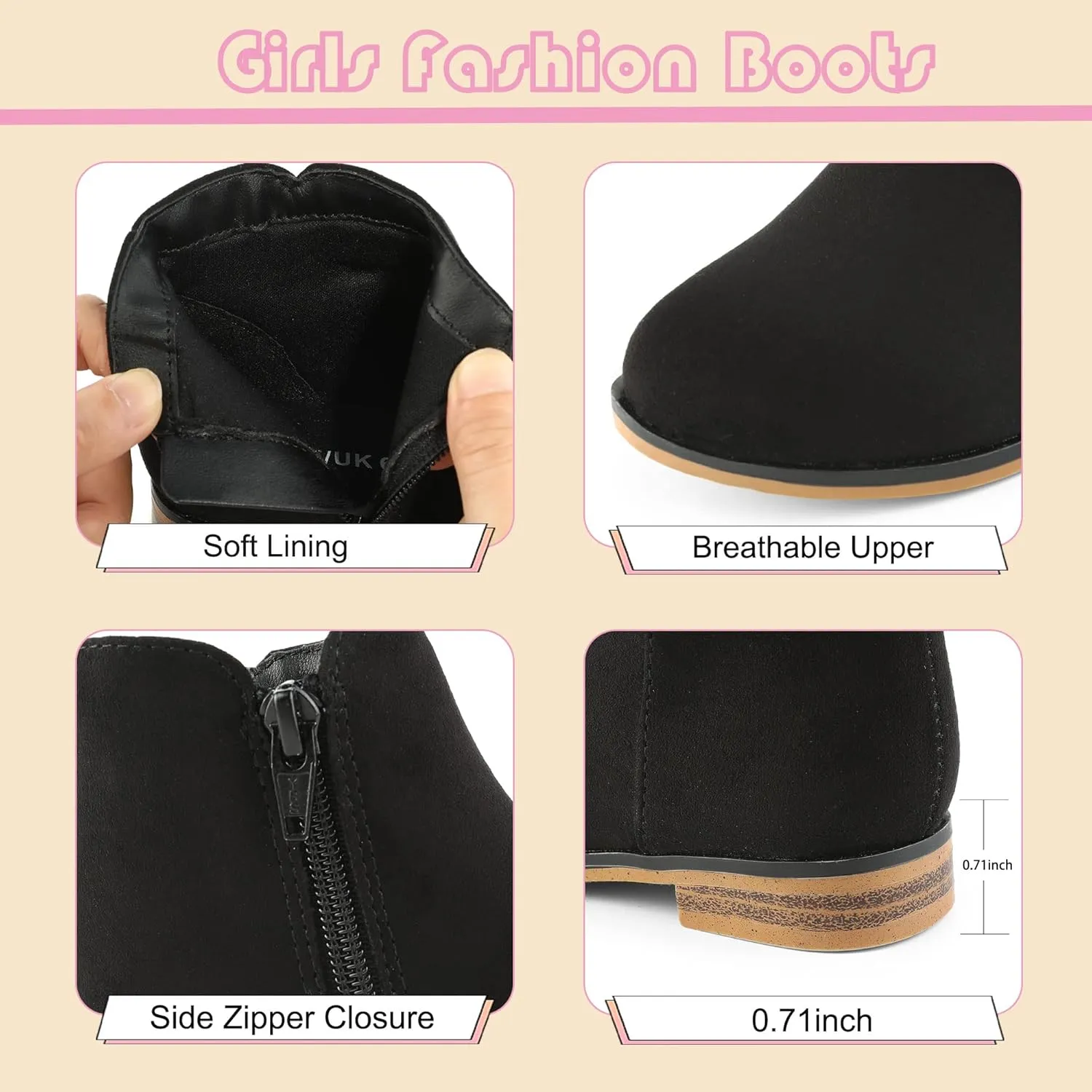 Girls Boots Kids Ankle Boots With Zipper Dress Boot Low Heels Booties for Toddler Little Kids
