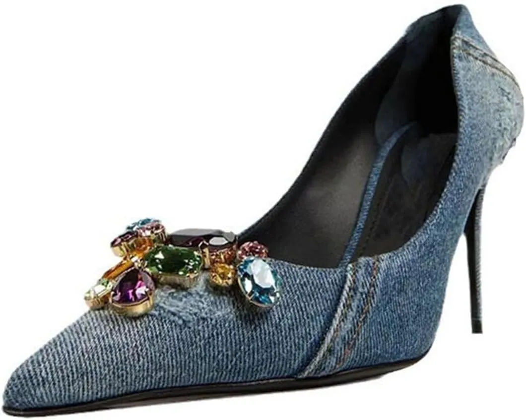 Girls Pointed Toe Shallow Mouth Distressed Denim High Heels Retro Rhinestone Stiletto Heels Women's Large Size Shoes