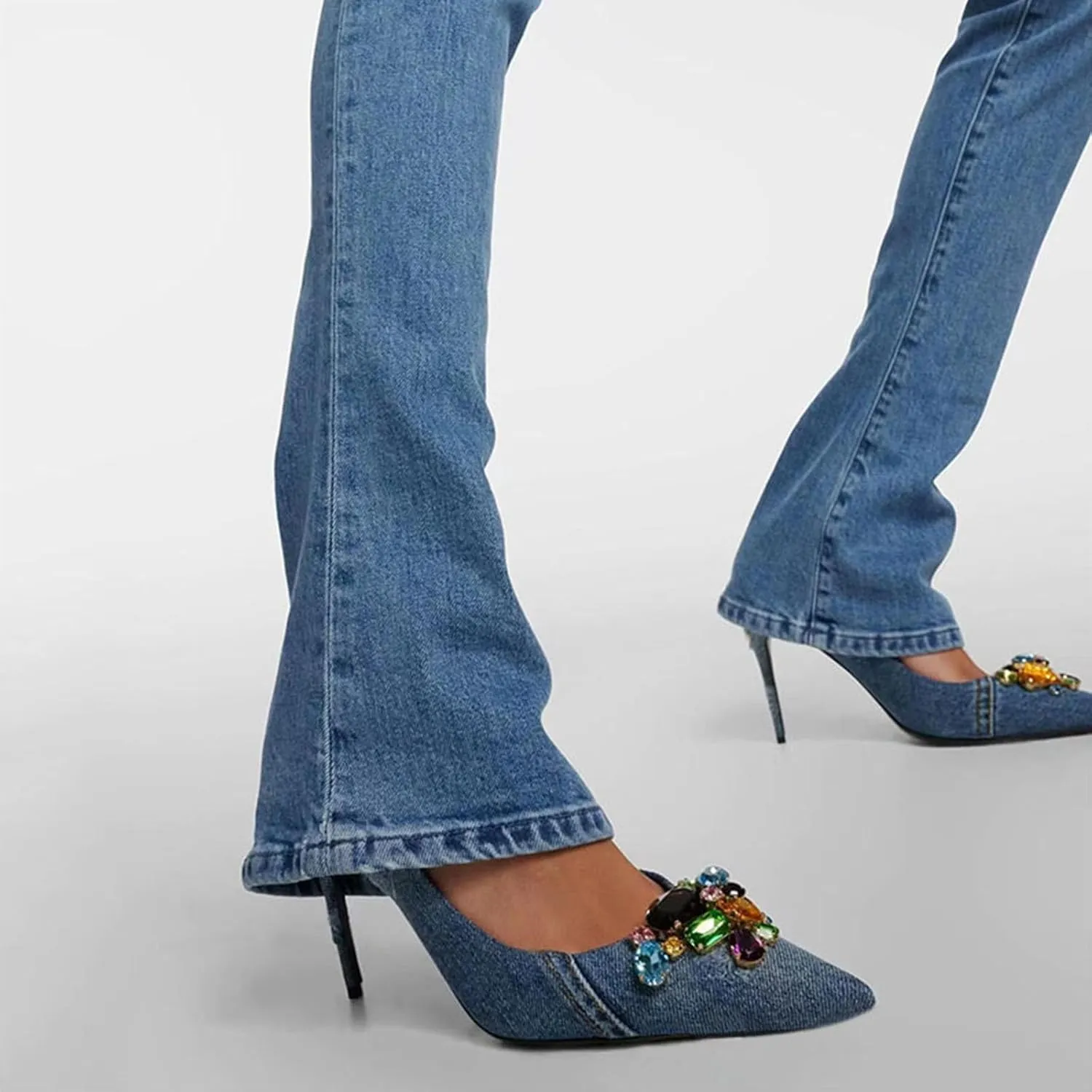 Girls Pointed Toe Shallow Mouth Distressed Denim High Heels Retro Rhinestone Stiletto Heels Women's Large Size Shoes