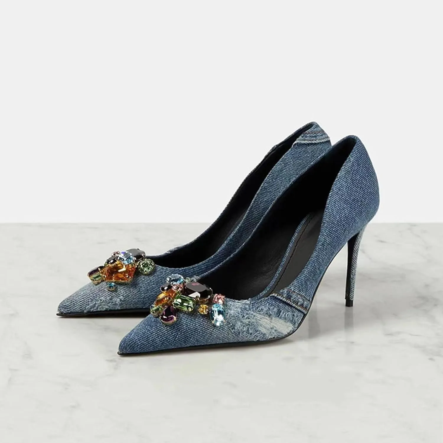 Girls Pointed Toe Shallow Mouth Distressed Denim High Heels Retro Rhinestone Stiletto Heels Women's Large Size Shoes