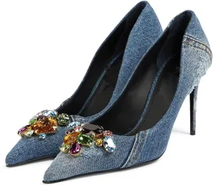 Girls Pointed Toe Shallow Mouth Distressed Denim High Heels Retro Rhinestone Stiletto Heels Women's Large Size Shoes
