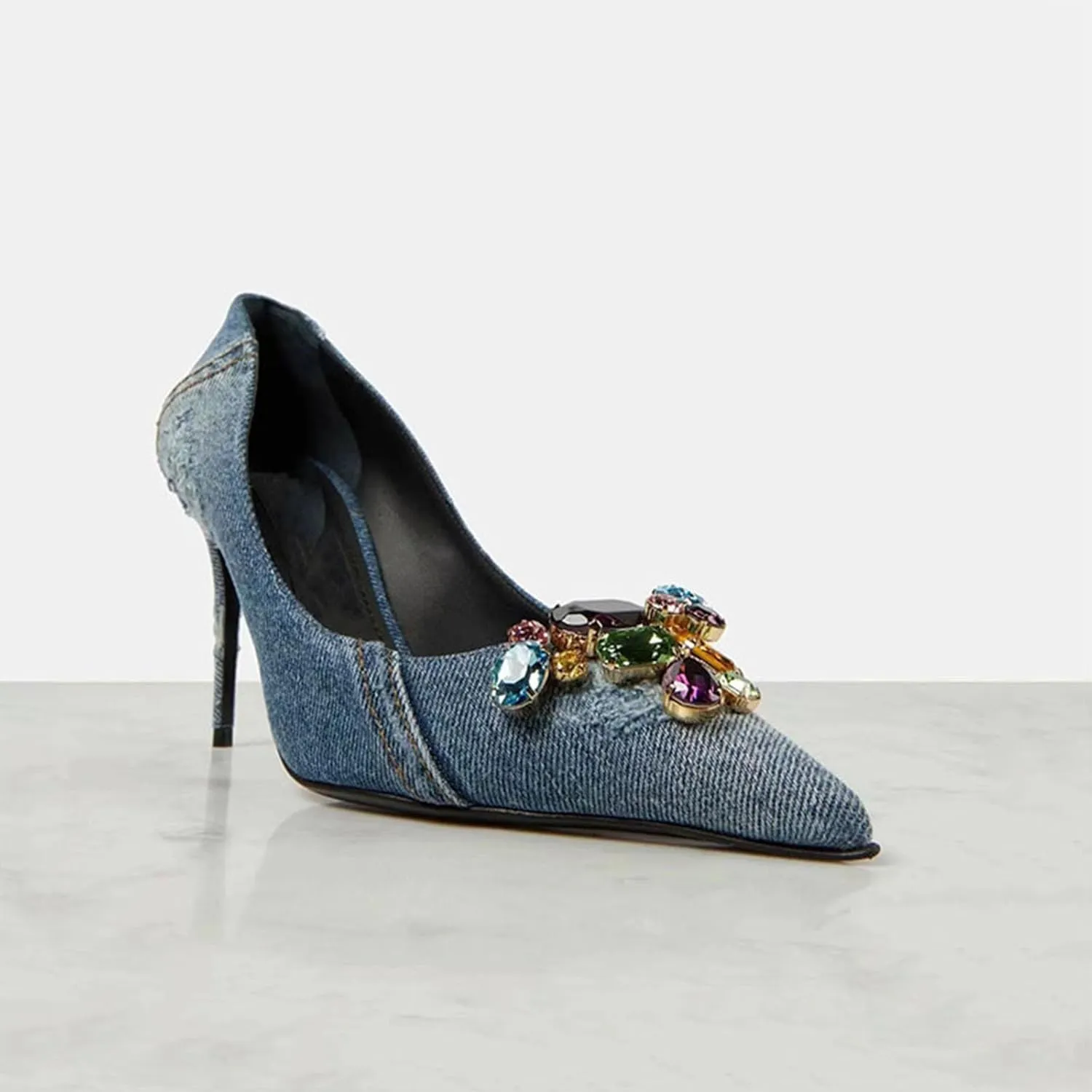 Girls Pointed Toe Shallow Mouth Distressed Denim High Heels Retro Rhinestone Stiletto Heels Women's Large Size Shoes
