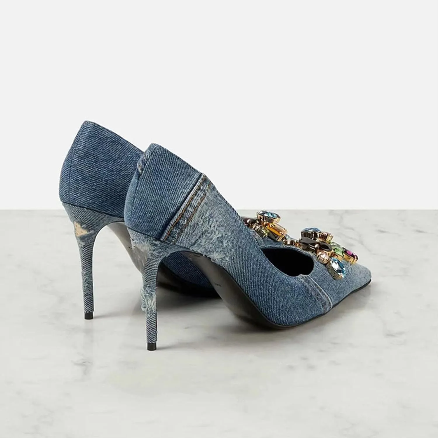 Girls Pointed Toe Shallow Mouth Distressed Denim High Heels Retro Rhinestone Stiletto Heels Women's Large Size Shoes