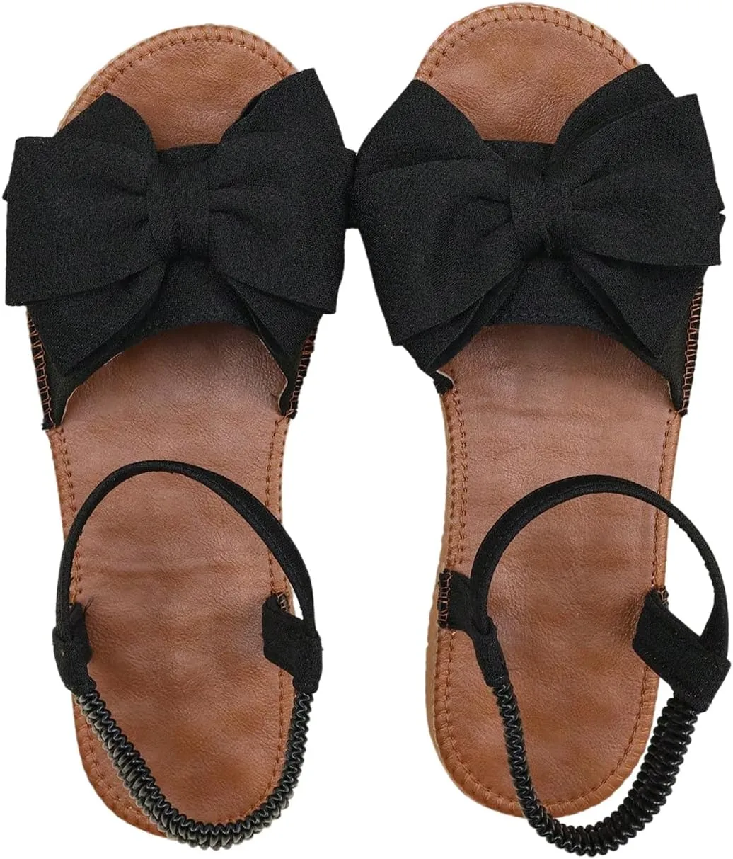 GORGLITTER Women's Bow Flat Sandals 2025 Dressy Open Toe Ankle Strap Summer Vacation Slides Shoes