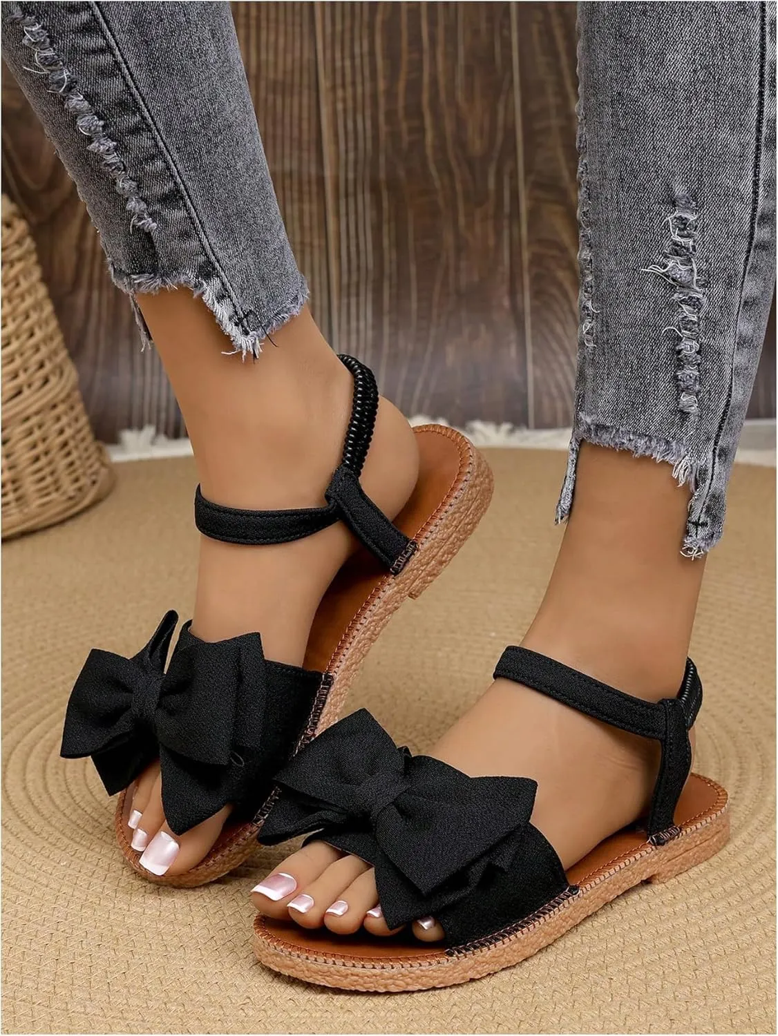 GORGLITTER Women's Bow Flat Sandals 2025 Dressy Open Toe Ankle Strap Summer Vacation Slides Shoes