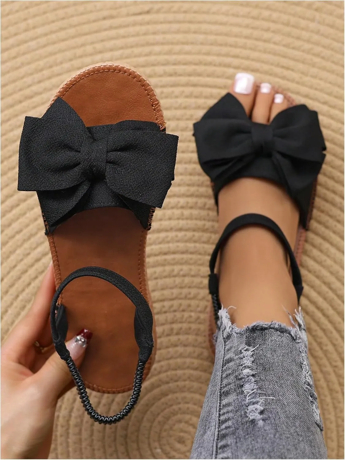 GORGLITTER Women's Bow Flat Sandals 2025 Dressy Open Toe Ankle Strap Summer Vacation Slides Shoes