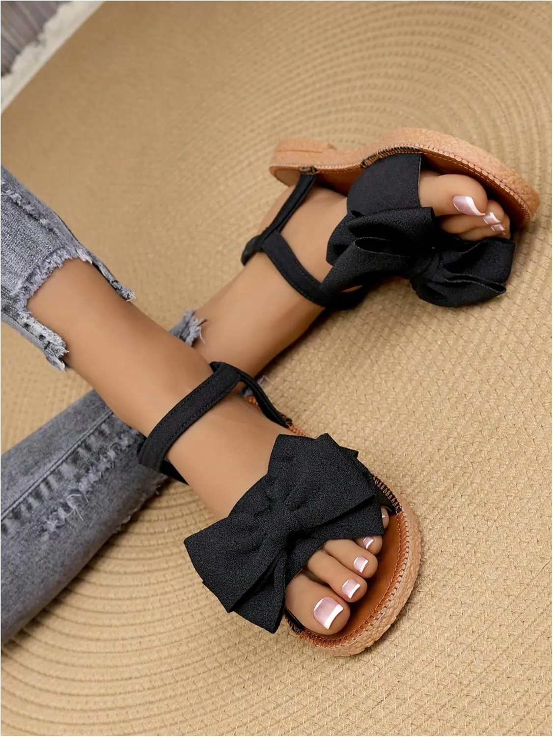 GORGLITTER Women's Bow Flat Sandals 2025 Dressy Open Toe Ankle Strap Summer Vacation Slides Shoes
