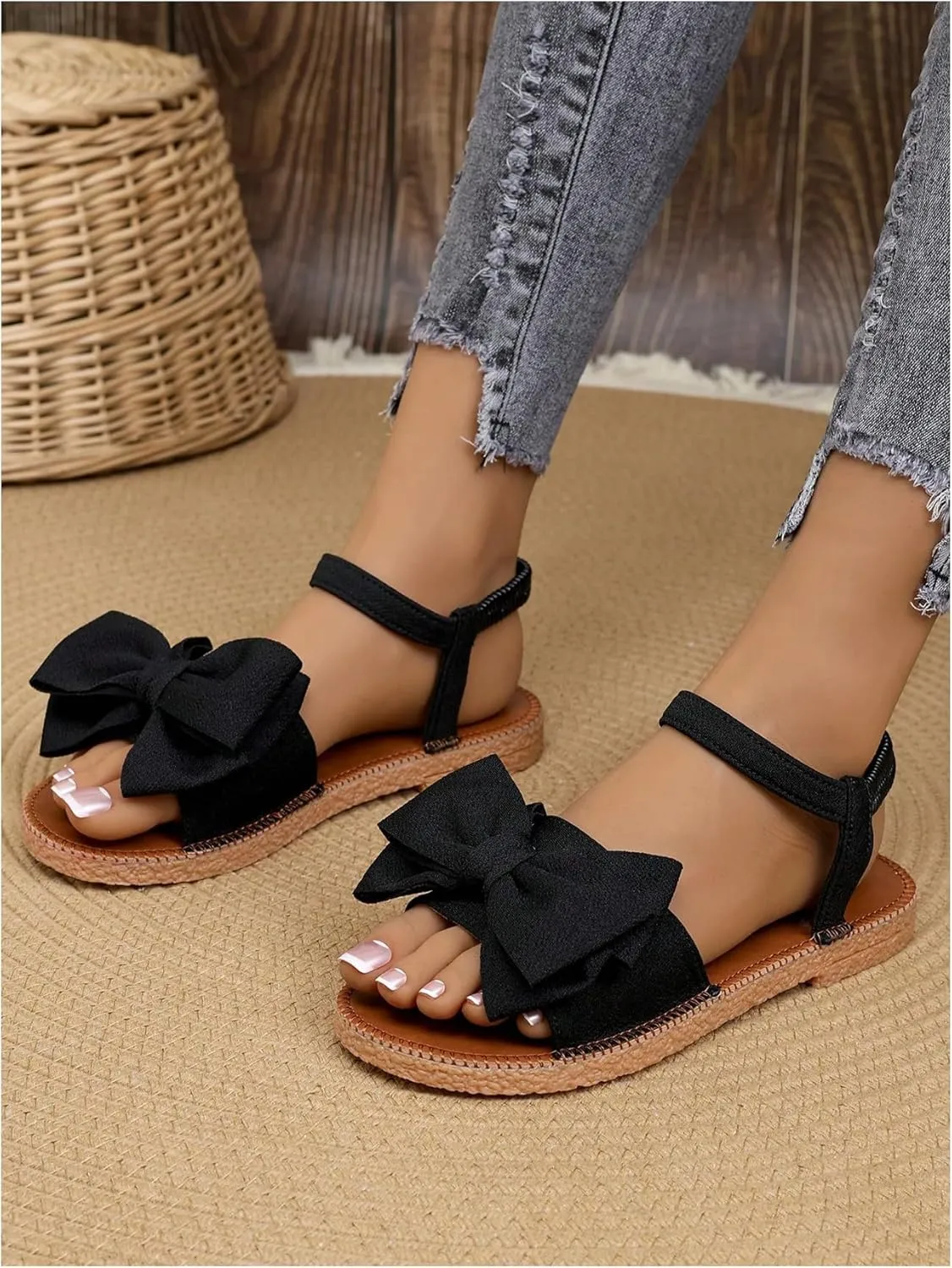GORGLITTER Women's Bow Flat Sandals 2025 Dressy Open Toe Ankle Strap Summer Vacation Slides Shoes