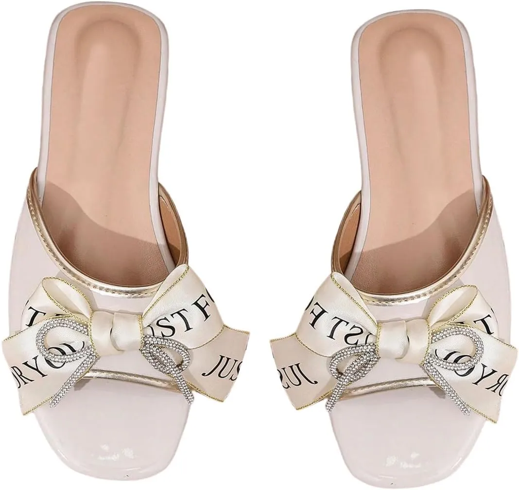 GORGLITTER Women's Bow Sandals Rhinestone Flats Summer Open Toe Slide Sandal