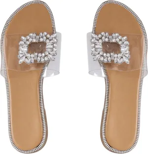GORGLITTER Women's Clear Rhinestone Flat Sandals Dressy Jelly Sparkly Slip On Slide Sandals Beach Sandals 2025