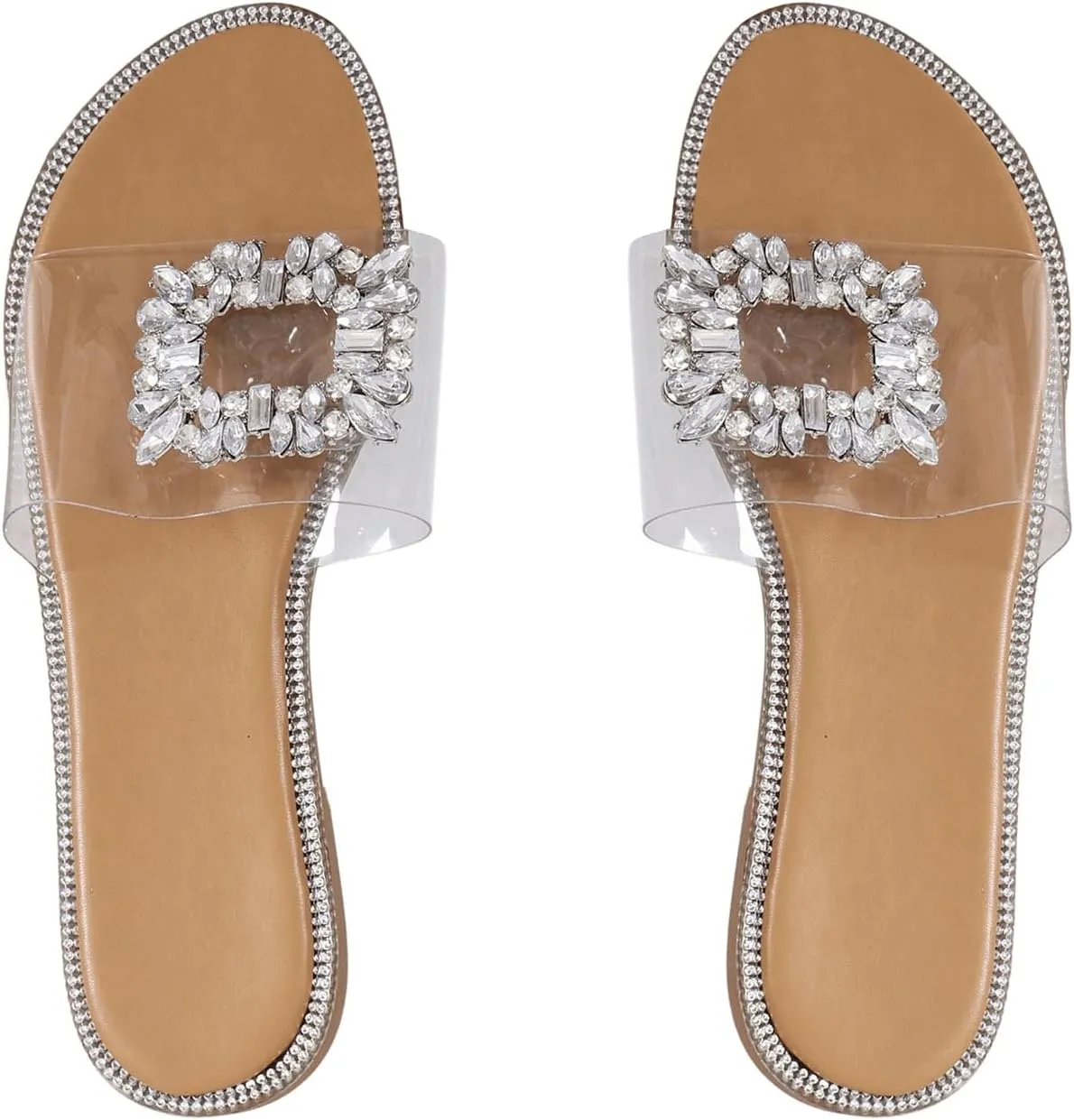 GORGLITTER Women's Clear Rhinestone Flat Sandals Dressy Jelly Sparkly Slip On Slide Sandals Beach Sandals 2025