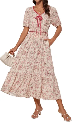 GRACE KARIN 2025 Women's Summer Floral Flowy A Line Midi Dresses Elegant Short Sleeve Smocked V-Neck Tiered Dresses