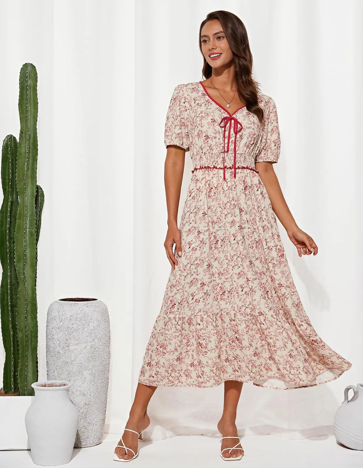 GRACE KARIN 2025 Women's Summer Floral Flowy A Line Midi Dresses Elegant Short Sleeve Smocked V-Neck Tiered Dresses
